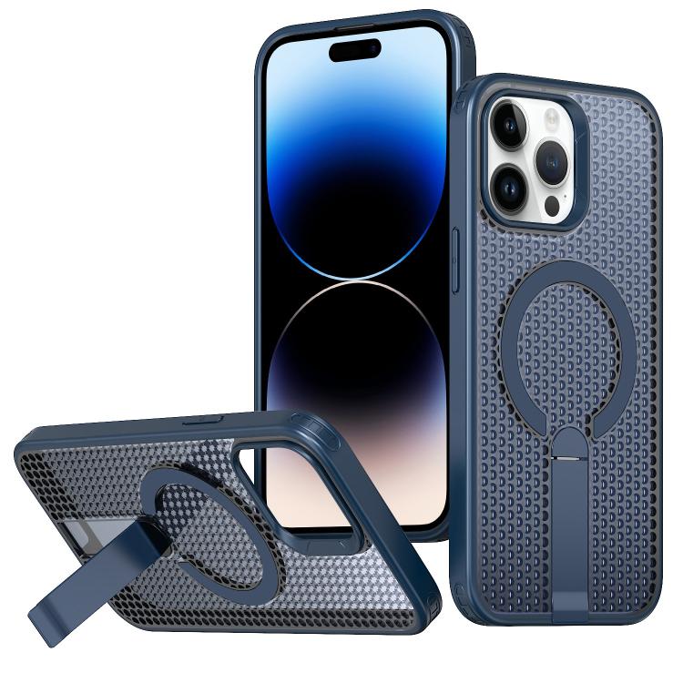 

For iPhone 14 Pro Max Honeycomb Cooling MagSafe Holder Phone Case(Blue)