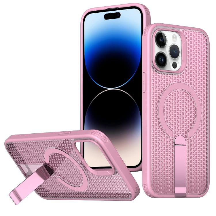 

For iPhone 14 Pro Max Honeycomb Cooling MagSafe Holder Phone Case(Pink)