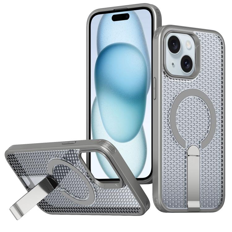 

For iPhone 15 Honeycomb Cooling MagSafe Holder Phone Case(Titanium Grey)