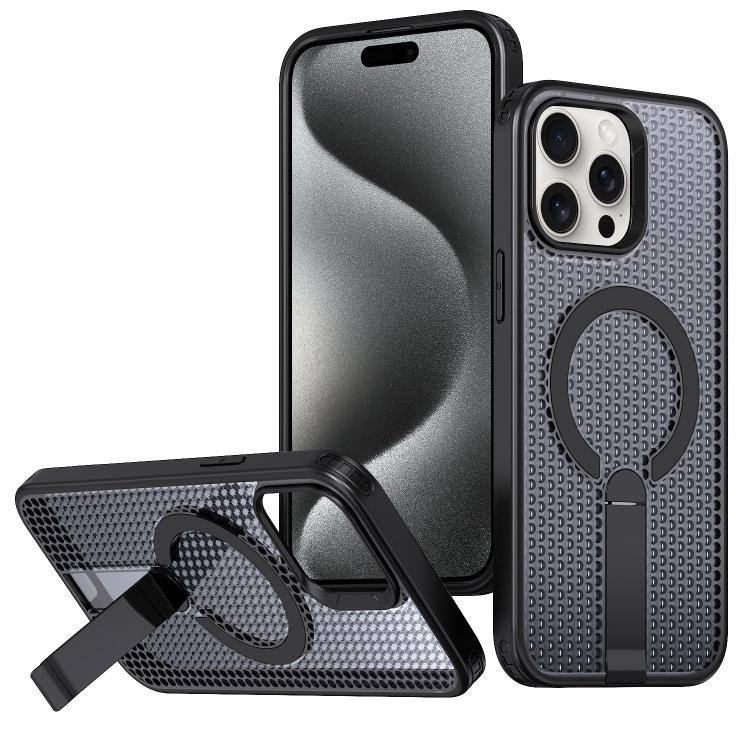 

For iPhone 15 Pro Max Honeycomb Cooling MagSafe Holder Phone Case(Black)