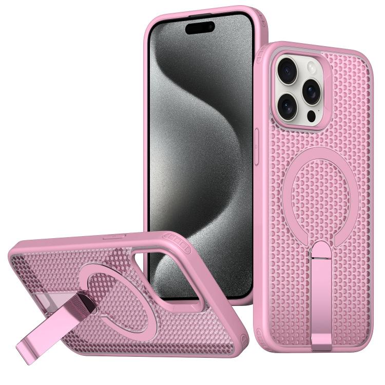 

For iPhone 15 Pro Max Honeycomb Cooling MagSafe Holder Phone Case(Pink)