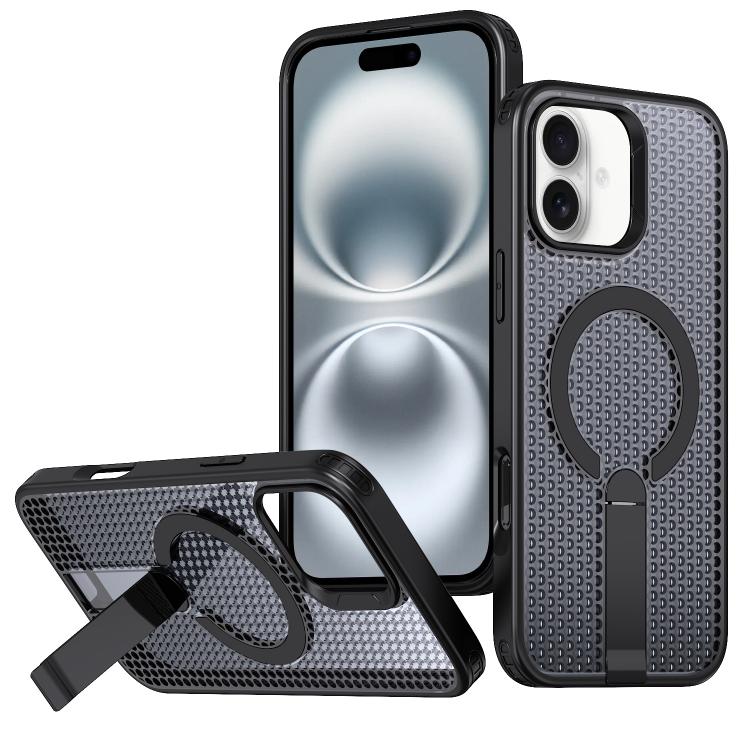 

For iPhone 16 Honeycomb Cooling MagSafe Holder Phone Case(Black)