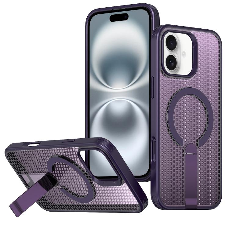 

For iPhone 16 Honeycomb Cooling MagSafe Holder Phone Case(Purple)