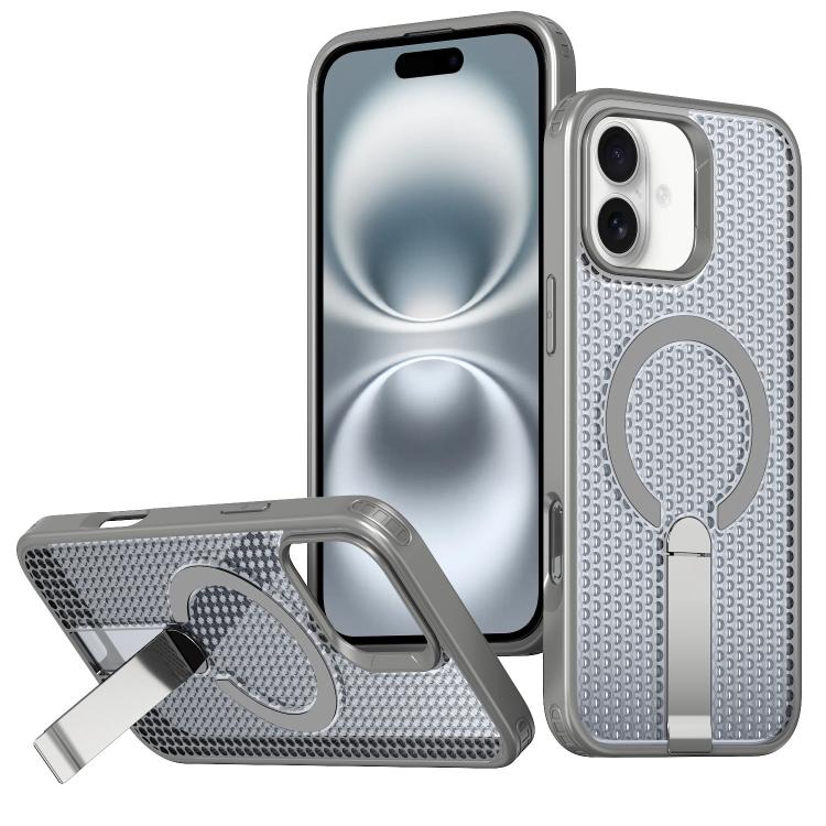 

For iPhone 16 Plus Honeycomb Cooling MagSafe Holder Phone Case(Titanium Grey)