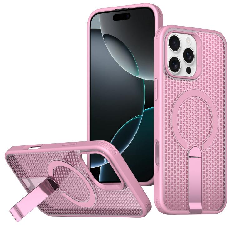 

For iPhone 16 Pro Max Honeycomb Cooling MagSafe Holder Phone Case(Pink)