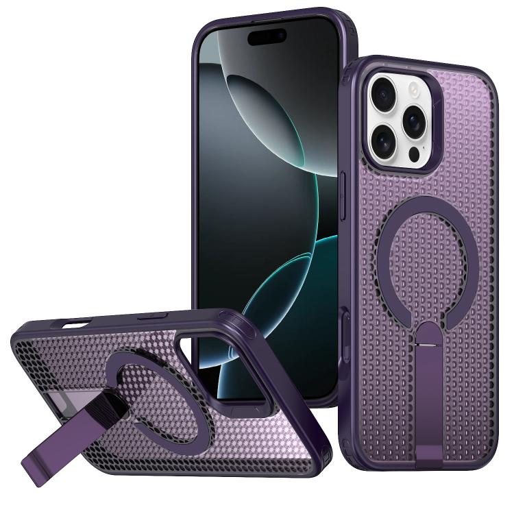 

For iPhone 16 Pro Max Honeycomb Cooling MagSafe Holder Phone Case(Purple)