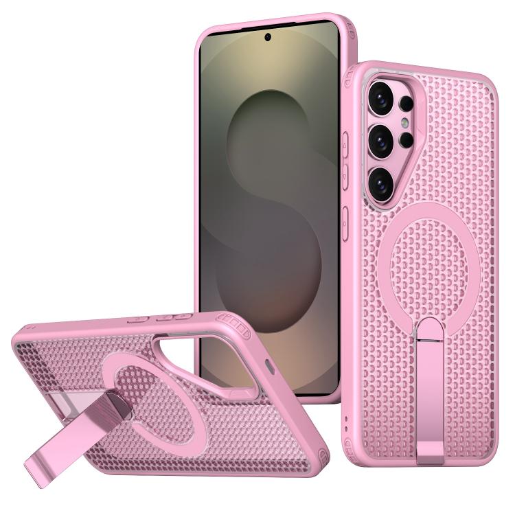 

For Samsung Galaxy S25 Ultra 5G Honeycomb Cooling MagSafe Holder Phone Case(Pink)