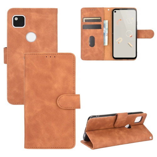 

For Google Pixel 4a Solid Color Skin Feel Magnetic Buckle Horizontal Flip Calf Texture PU Leather Case with Holder & Card Slots & Wallet(Brown)