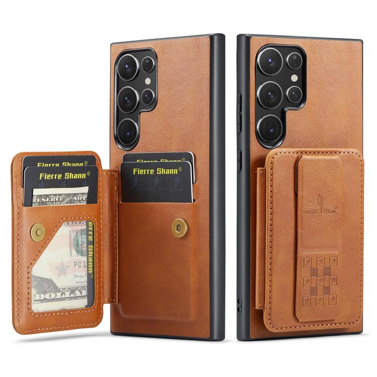 

For Samsung Galaxy S25 Ultra 5G Fierre Shann FS-024 Oil Wax Cow Leather Card Holder Back Phone Case(Brown)
