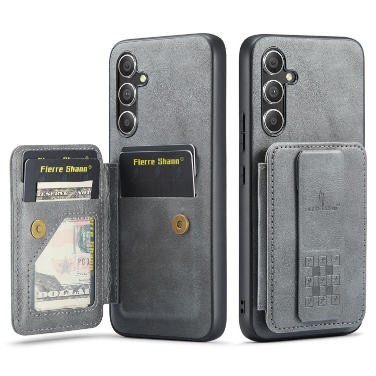 

For Samsung Galaxy S25 5G Fierre Shann FS-024 Oil Wax Cow Leather Card Holder Back Phone Case(Grey)