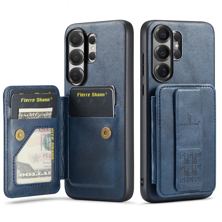 

For Samsung Galaxy S26 Ultra 5G Fierre Shann FS-024 Oil Wax Cow Leather Card Holder Back Phone Case(Blue)