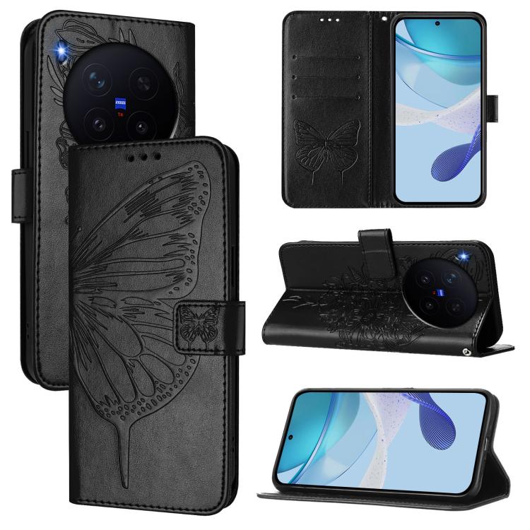 

For vivo X300 Pro Embossed Butterfly Leather Phone Case(Black)