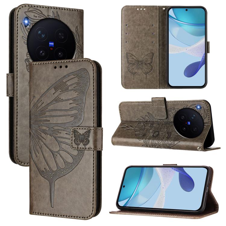 

For vivo X300 Embossed Butterfly Leather Phone Case(Grey)