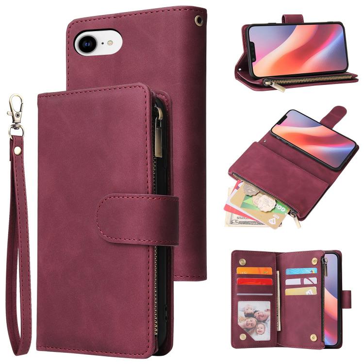 

For iPhone 16e Multifunctional Multi-Card Wallet Phone Leather Case(Wine Red)