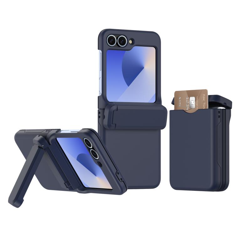 

For Samsung Galaxy Z Flip6 5G Spring Rubber Chain Card Slot PC Folding Phone Case with Stand(Dark Blue)