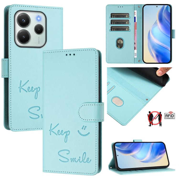 

For Redmi Note 14 4G 164.84mm EU Version Smile Embossing RFID Leather Phone Case(Mint Green)