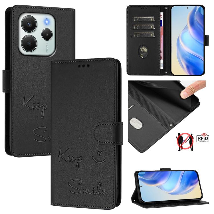 

For Redmi Note 14 4G 164.84mm EU Version Smile Embossing RFID Leather Phone Case(Black)