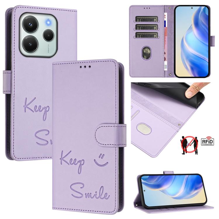 

For Redmi Note 14 4G 164.84mm EU Version Smile Embossing RFID Leather Phone Case(Light Purple)