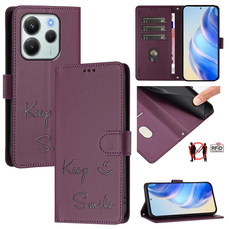 

For Redmi Note 14 4G 164.84mm EU Version Smile Embossing RFID Leather Phone Case(Violet)