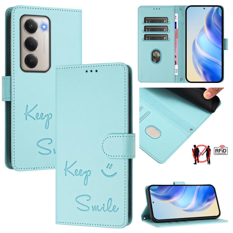 

For Redmi 15 5G Global / 15 4G SEA 169.5mm Smile Embossing RFID Leather Phone Case(Mint Green)