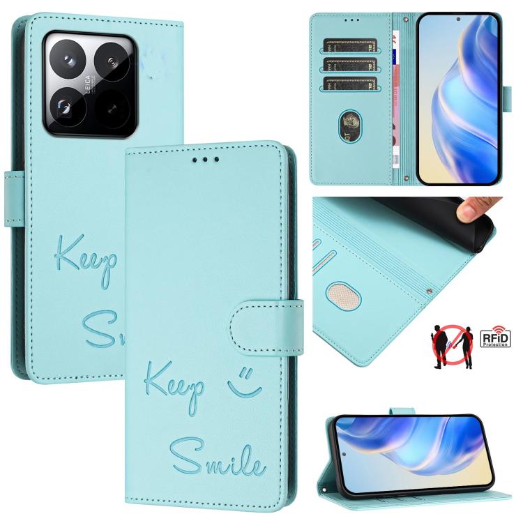 

For Xiaomi 15T 5G Smile Embossing RFID Leather Phone Case(Mint Green)