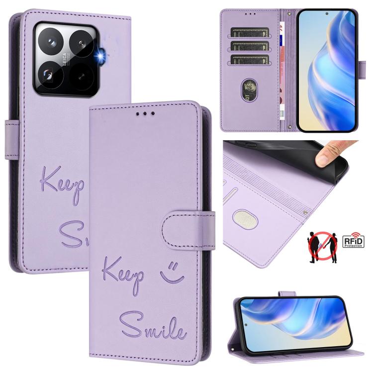 

For Xiaomi 15T Pro 5G Smile Embossing RFID Leather Phone Case(Light Purple)