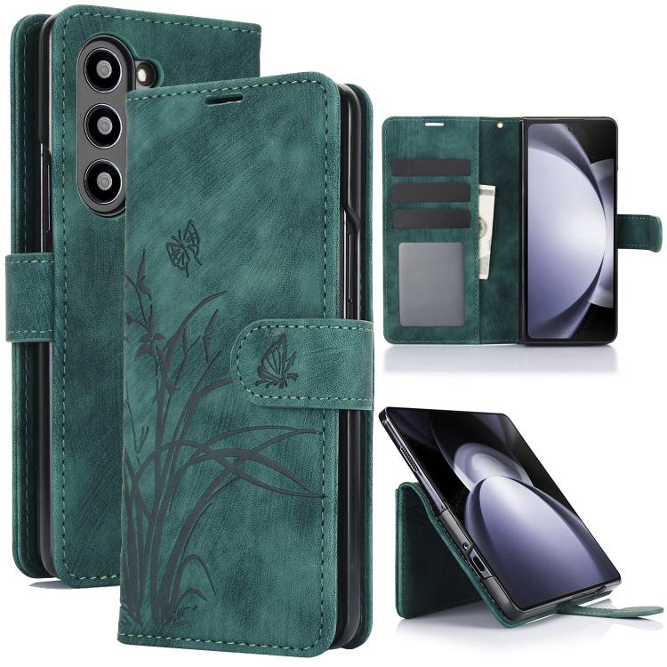 

For Samsung Galaxy Z Fold6 Orchid Butterfly Embossed Leather Phone Case(Green)