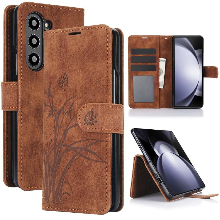 

For Samsung Galaxy Z Fold6 Orchid Butterfly Embossed Leather Phone Case(Brown)