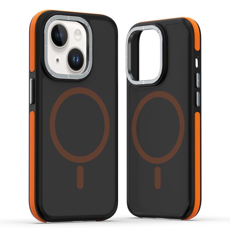 

For iPhone 14 Plus Dual-Color Skin Feel MagSafe Phone Case(Black Orange)