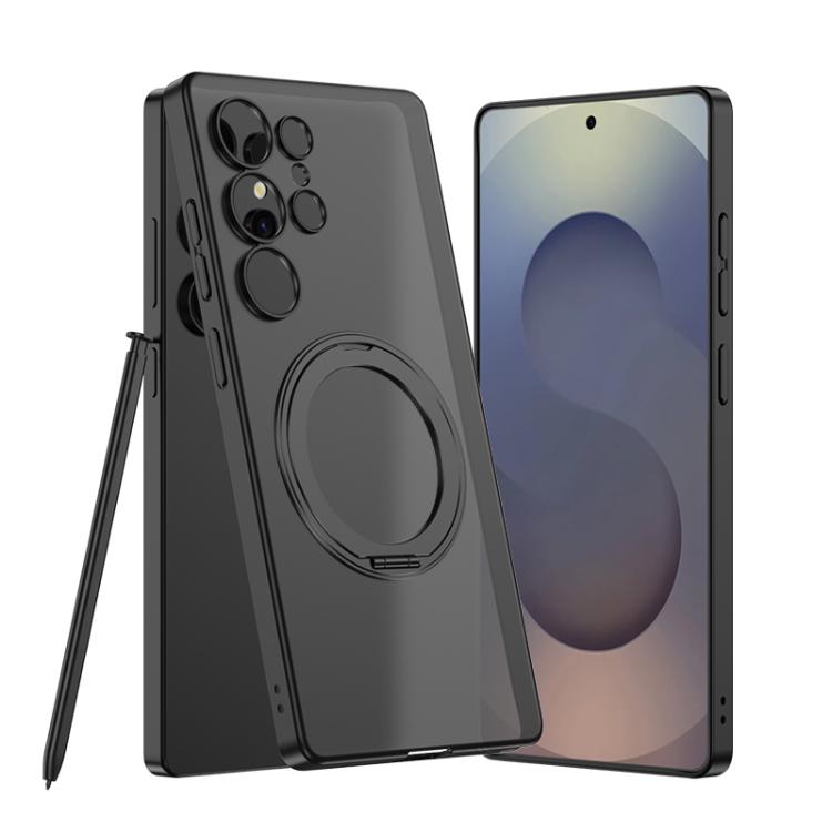

For Samsung Galaxy S25 Ultra 5G Frosted Skin-feel Magnetic Rotating Holder Phone Case, Not Included Pen(Black)