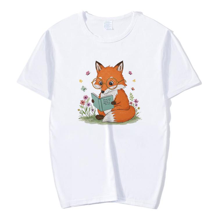 

Reading Fox Printed Round Neck Modal Short Sleeve T-shirt Print On Your Demand, Size:S(White)