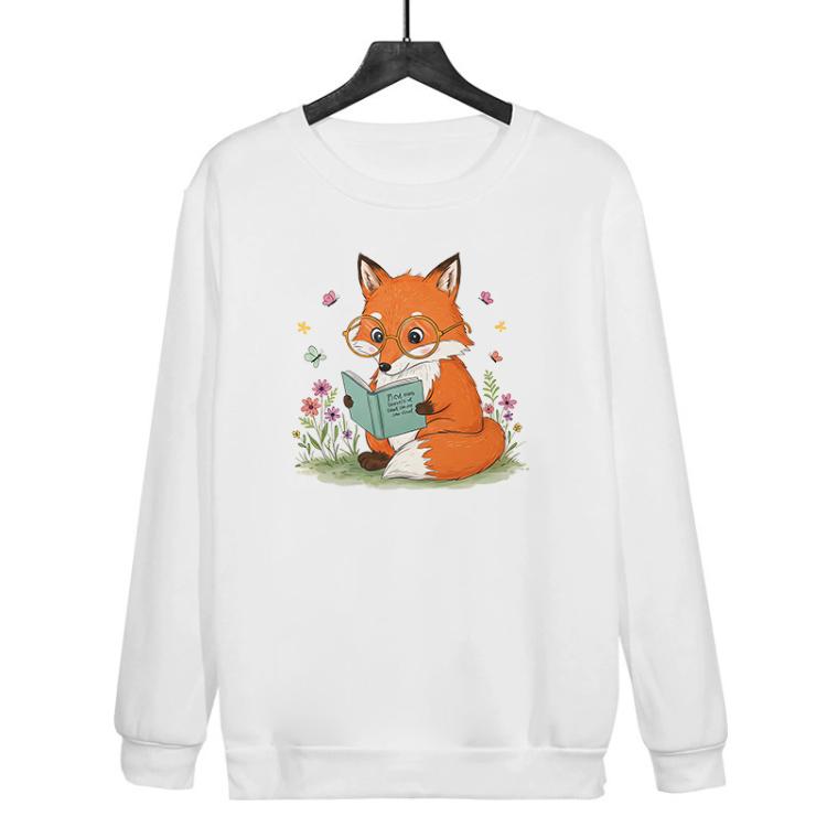 

Reading Fox Printed Casual Loose Round Neck Sweatshirt Print On Your Demand, Size:XS(White)