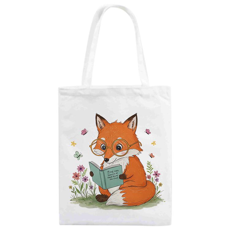 

Reading Fox Printed Canvas Handbag Print On Your Demand, Size:25x20cm(White)