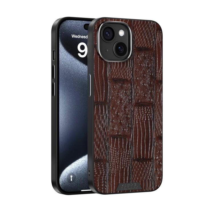 

For iPhone 15 Plus ABEEL Beast Pattern 6D Micro-Embossed MagSafe Genuine Leather Phone Case(Brown)
