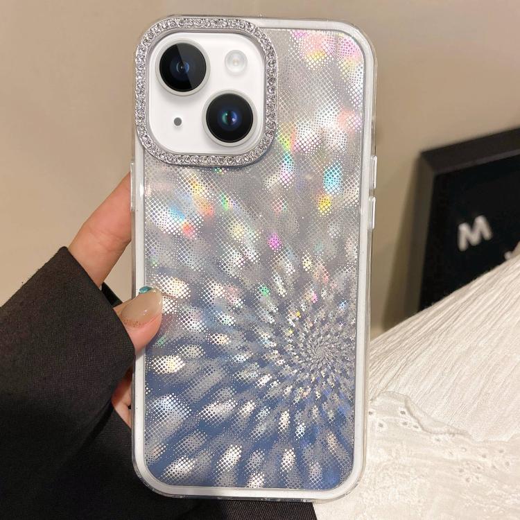 

For iPhone 15 Diamond Lens Frame Glare PC Hybrid TPU Phone Case(Silver)