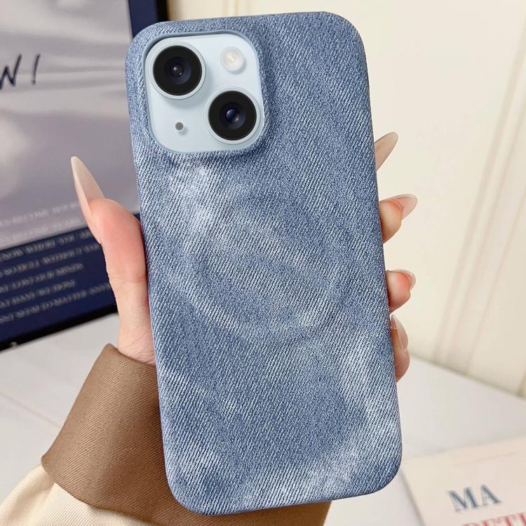 

For iPhone 15 Denim MagSafe Magnetic PC + PU Phone Case(Grayish Blue)