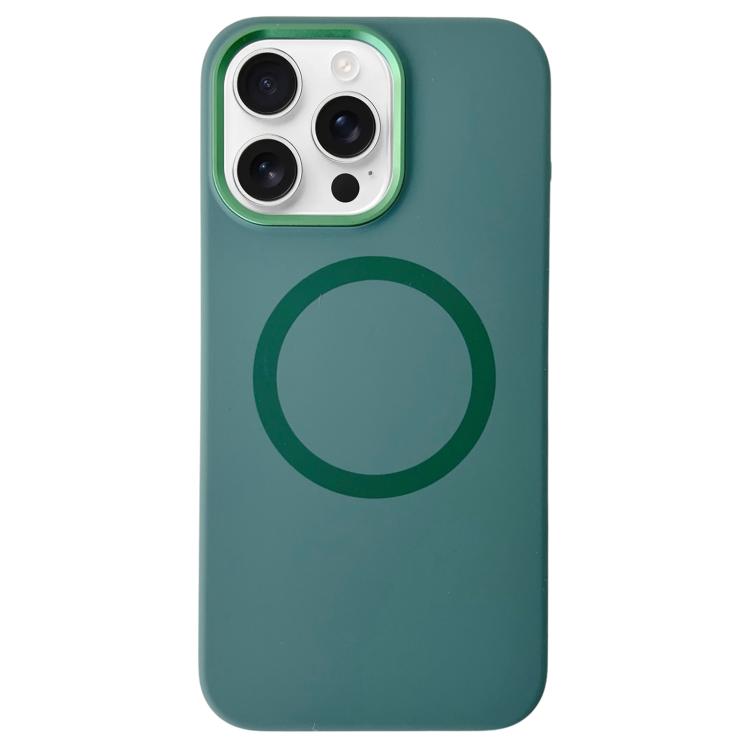 

For iPhone 16 Pro Metal Frame Liquid Silicone MagSafe Phone Case(Deep Green)