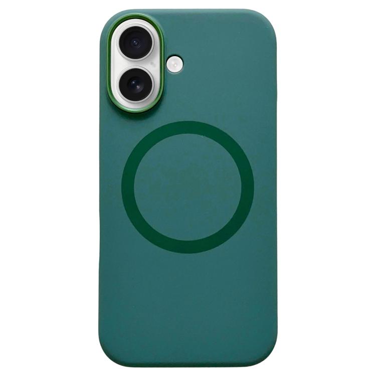 

For iPhone 16 Plus Metal Frame Liquid Silicone MagSafe Phone Case(Deep Green)
