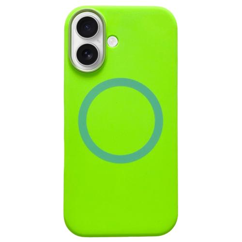 

For iPhone 16 Plus Metal Frame Liquid Silicone MagSafe Phone Case(Fluorescent Green)