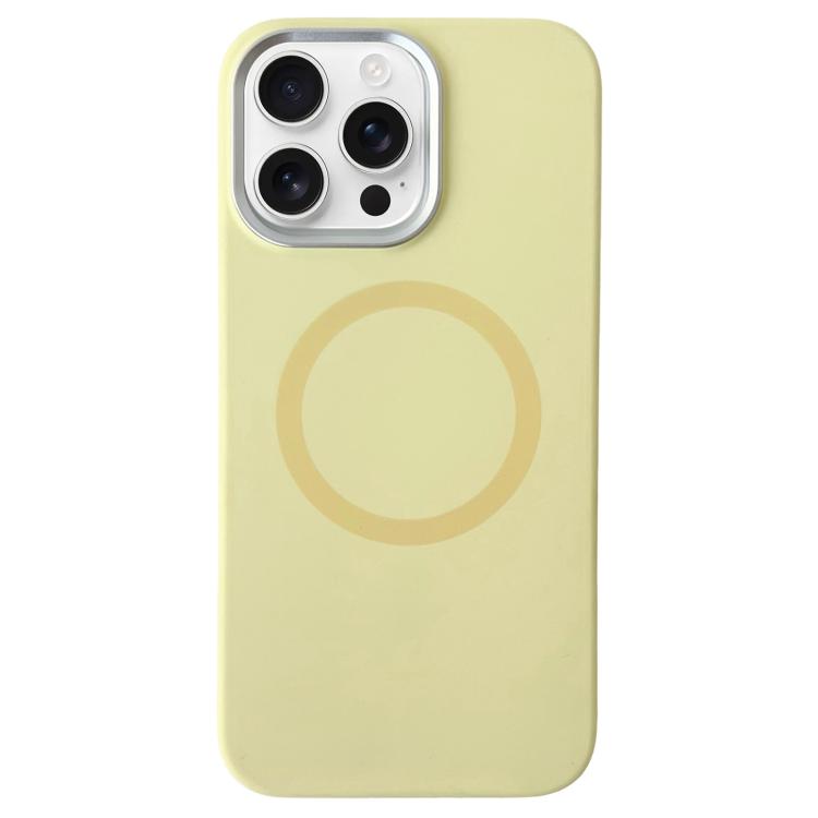 

For iPhone 15 Pro Max Metal Frame Liquid Silicone MagSafe Phone Case(Cream Yellow)