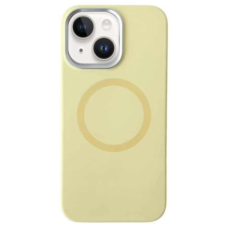 

For iPhone 15 Metal Frame Liquid Silicone MagSafe Phone Case(Cream Yellow)