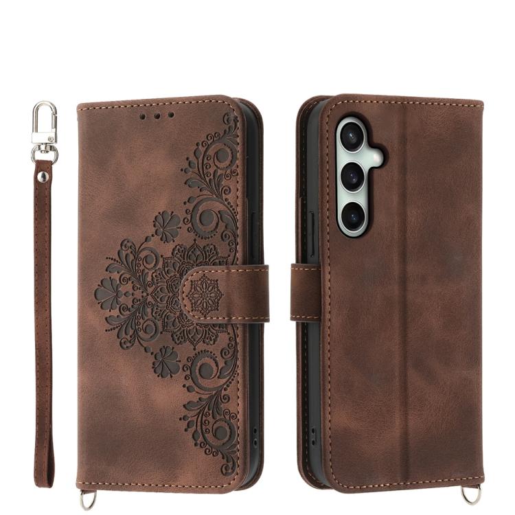 

For Samsung Galaxy S25 FE 5G Skin Feel Flowers Embossed Wallet Leather Phone Case(Brown)