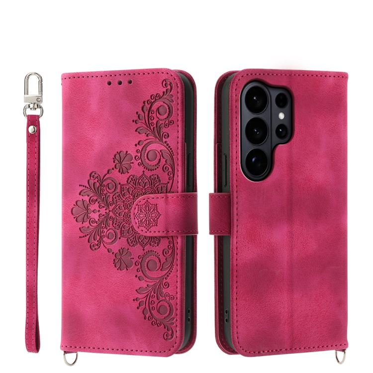 

For Samsung Galaxy S26 Ultra 5G Skin Feel Flowers Embossed Wallet Leather Phone Case(Wine Red)