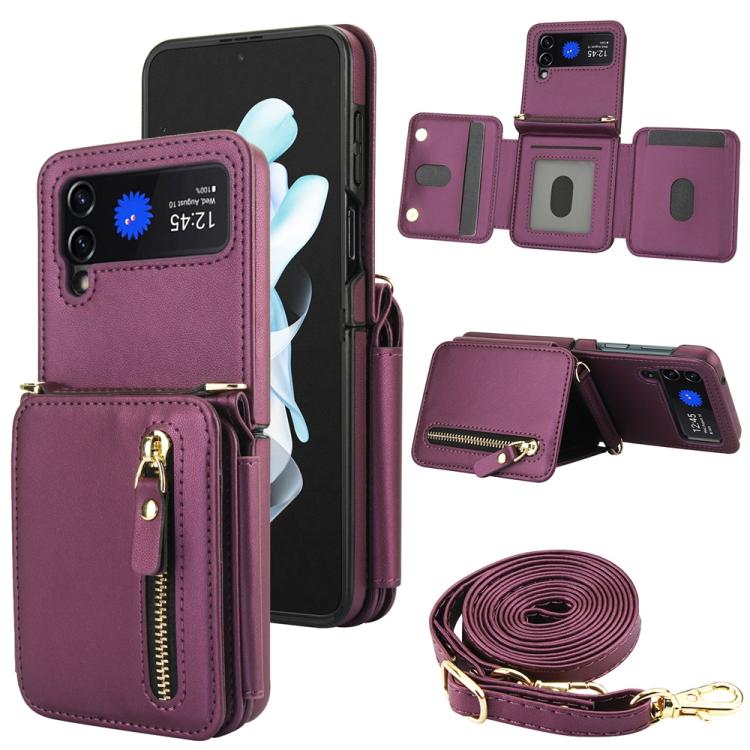 

For Samsung Galaxy Z Flip4 Crossbody Zipper Dual Buckle Card Bag Folding Phone Case(Dark Purple)
