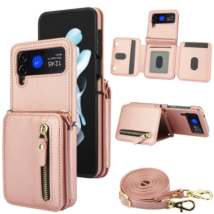 

For Samsung Galaxy Z Flip3 Crossbody Zipper Dual Buckle Card Bag Folding Phone Case(Rose Gold)