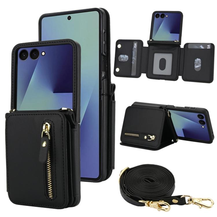 

For Samsung Galaxy Z Flip7 5G Crossbody Zipper Dual Buckle Card Bag Folding Phone Case(Black)