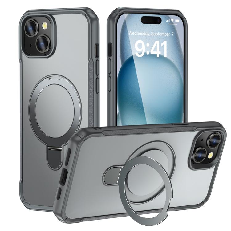 

For iPhone 15 Skin Feel Magnetic Holder MagSafe Phone Case(Grey)