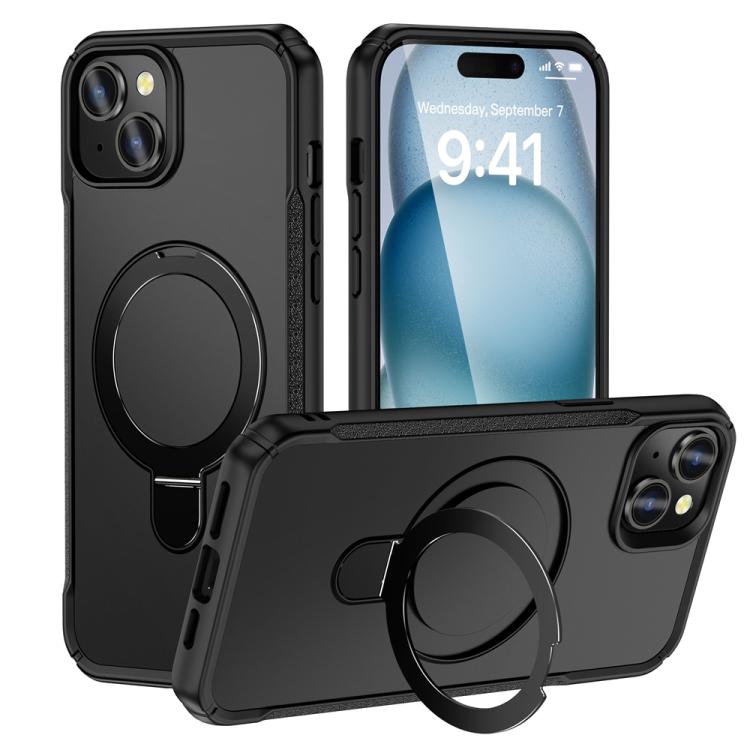 

For iPhone 15 Plus / 14 Plus Skin Feel Magnetic Holder MagSafe Phone Case(Black)