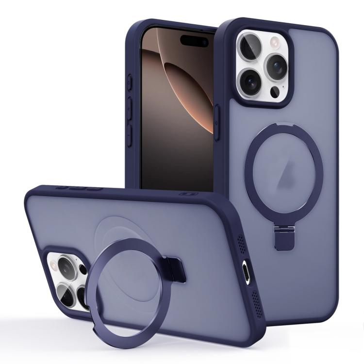 

For iPhone 16 Pro Skin-feel Ring MagSafe Holder Phone Case(Dark Blue)