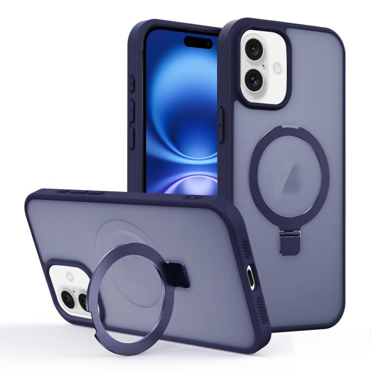 

For iPhone 16 Skin-feel Ring MagSafe Holder Phone Case(Dark Blue)